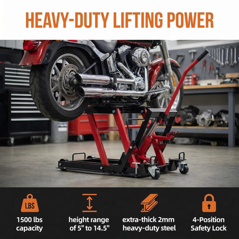 Beefy 1500 Lbs Hydraulic Motorcycle Lift Jack With Four Wheel ATV Scissor Lift Foot Operated Hoist in garage setting