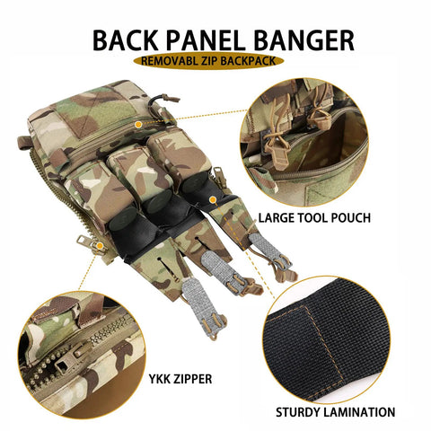 Ultimate Tactical Backpack With Zip On Back Panel For V5 Vest Compatible MC, showing pouches, YKK zippers, and Tegris reinforcement.