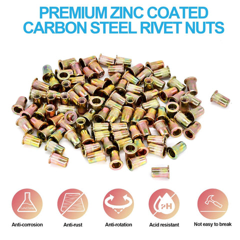100-piece zinc-coated carbon steel 1/4-20 UNC rivet nuts (nutserts) with knurled exterior
