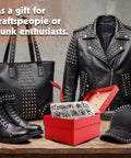 Badass 220 Piece Punk Spike And Stud Hardware Kit For Clothing Leather Crafting Includes Tapered Cone Fasteners Extra Long Screws Premium Metal Set displayed with accessories.