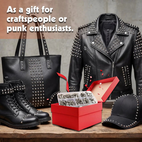 Badass 220 Piece Punk Spike And Stud Hardware Kit For Clothing Leather Crafting Includes Tapered Cone Fasteners Extra Long Screws Premium Metal Set displayed with accessories.