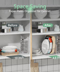 Round And Square Plate Dispenser And Storage Organizer For 7 To 12 Inch Disposable Plates, Clear acrylic organizer in cabinet.