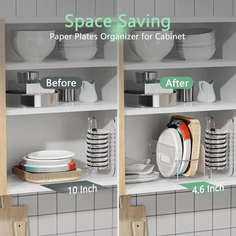Round And Square Plate Dispenser And Storage Organizer For 7 To 12 Inch Disposable Plates, Clear acrylic organizer in cabinet.
