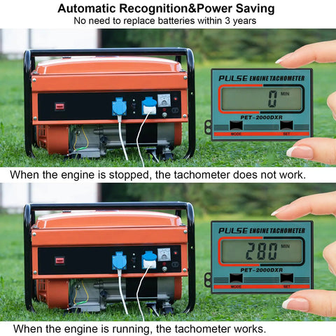 Digital Pro Grade Small Engine Tachometer with Clip for Chainsaws and Motors RPM Gauge displayed near generator
