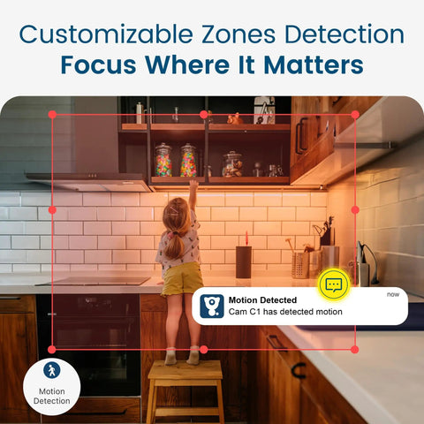 Child reaching shelf in kitchen, motion detected by 2K Indoor Security Cams Twin Pack With Night Vision, Smartphone App Access, WiFi Home Surveillance, Pet Cam And Baby Monitor, Alexa Compatible, Motion Alerts, Easy Setup, 2 Pack.