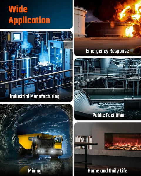 Collage image showing wide applications like industrial manufacturing, emergency response, public facilities, mining, and home use.