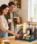 Couple enjoying coffee by a Countertop Coffee Bar Organizer With Tiered Shelves Space Saving K Cup Holder in a kitchen
