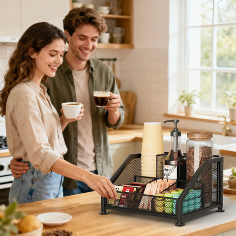 Couple enjoying coffee by a Countertop Coffee Bar Organizer With Tiered Shelves Space Saving K Cup Holder in a kitchen