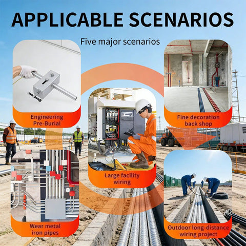 Five scenarios for Pro Grade Wall Wiring Machine And Cable Hidden Pipe Threading Tool demonstrating engineering pre-burial, facility wiring, and outdoor projects.