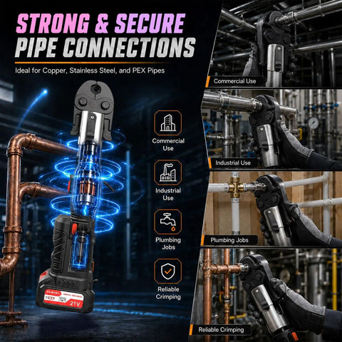 21V Pro Press Tool Kit With Automatic Pressure Control For Copper And PEX Pipes Ultra Fast 3S Crimping Brushless Motor in use on pipes.