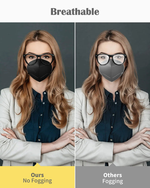 Comparison of KN95 Face Mask 5-Ply Protective Respirator in black showing no fogging vs other mask with fogging effect.