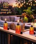 Citronella Glass Table Top Torches For Outdoor Patio 16oz Set Of 3 Red White Blue Decorative Torch Candles For Deck Backyard Parties Mosquito Repellent Lighting on patio railing in evening setting