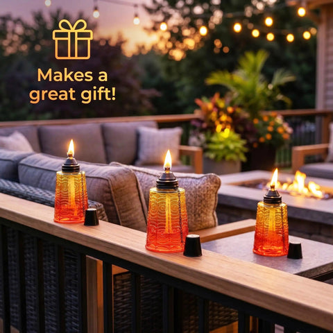 Citronella Glass Table Top Torches For Outdoor Patio 16oz Set Of 3 Red White Blue Decorative Torch Candles For Deck Backyard Parties Mosquito Repellent Lighting on patio railing in evening setting