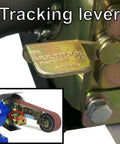 Tracking lever on Heavy Duty 1 HP Workhorse Industrial Belt And Bench Grinder Combo with Multitool attachment for precise adjustment.