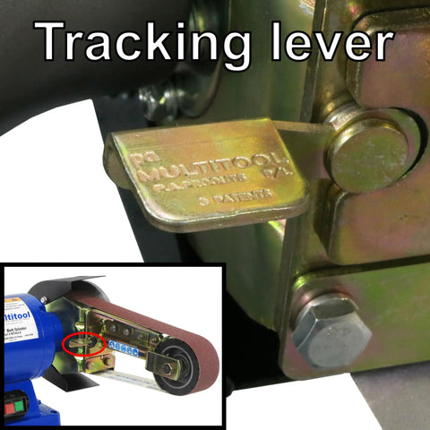 Tracking lever details on Heavy Duty Industrial Belt Grinder With Kickass 1 Hp Motor And Tilting Stand for precision adjustments.