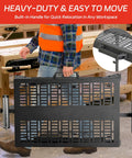 Rock Solid Heavy Duty Miter Saw Stand With Extension Rollers being carried with built-in handle, showcasing portable workspace design.