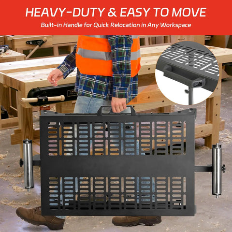 Rock Solid Heavy Duty Miter Saw Stand With Extension Rollers being carried with built-in handle, showcasing portable workspace design.