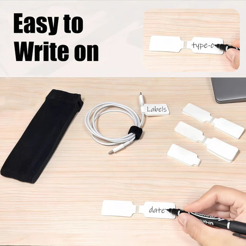 80 Pack Cable Labels and Cord Ties Kit With Write-On Wire Labels, Snap Ties, dual-tip marker in use on desk