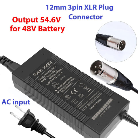 54.6V Fast Charger With XLR Plug for 13S 48V Lithium Batteries showing AC input and XLR connector details.