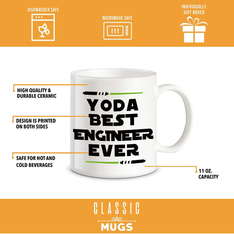Funny Engineer Mug For Men And Women A Totally Dope Graduation Gift For Engineers And Students And STEM Lovers Mechanical Civil Science And Math Coffee Cup Keepsake, 11 oz ceramic mug with 'Yoda Best Engineer Ever' text, dishwasher and microwave safe.