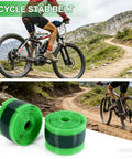 Cyclist on mountain trail with TPU Bike Tire Liner Kit Puncture Proof Tube Protector for 12 to 29 Inch Wheels, green and black.