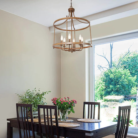Rustic Bronze Farmhouse Six Light Drum Chandelier for Dining Room, Kitchen Island or Living Room Pendant Lighting, Vintage Cage Style