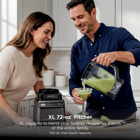 Top Shelf Professional Blender With 1200 Watt Motor And Auto Iq Technology 72 Oz Pitcher for smoothies, pouring drink in kitchen.
