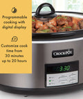 8-Quart Go-To Programmable Slow Cooker With Auto Warm, Digital Timer, And Easy Cleanup In Black Stainless Steel displaying cook time