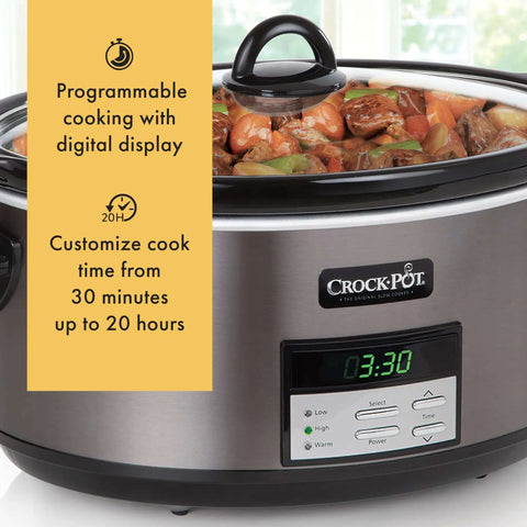 8-Quart Go-To Programmable Slow Cooker With Auto Warm, Digital Timer, And Easy Cleanup In Black Stainless Steel displaying cook time