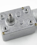 Close-up of 12V DC Worm Gear Motor 6 RPM with all metal gearbox and aluminum housing, showing beefy torque output shaft.