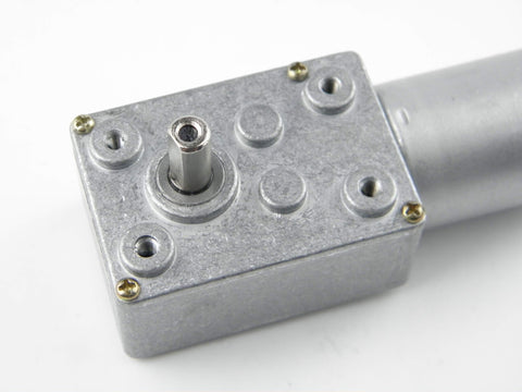 Close-up of 12V DC Worm Gear Motor 6 RPM with all metal gearbox and aluminum housing, showing beefy torque output shaft.