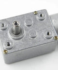 Close-up of 12V DC Gear Reduction Motor 370 Size With Right Angle Mount Base And Bracket, showing metal housing and shaft.