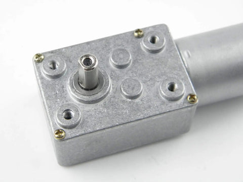 Close-up of 12V DC Gear Reduction Motor 370 Size With Right Angle Mount Base And Bracket, showing metal housing and shaft.
