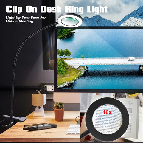 10x Desk Magnifier With Light, Flexible Gooseneck Clamp clipped to desk, showing magnified text below lamp.