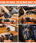 Heavy Duty 360 Degree Swivel Bench Gun Vise With Dual Table Clamps And No Sweat Zero Drill Mounting For Rugged Stability and Easy Range Maintenance Routines shown in DIY and woodworking use.