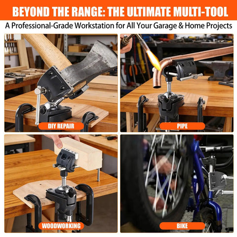 Heavy Duty 360 Degree Swivel Bench Gun Vise With Dual Table Clamps And No Sweat Zero Drill Mounting For Rugged Stability and Easy Range Maintenance Routines shown in DIY and woodworking use.