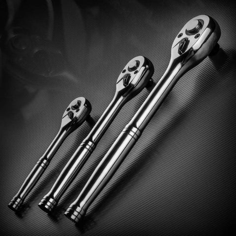 3 Piece Ratchet Set With 1/4 3/8 And 1/2 Inch Drive Ratchets 72 Tooth Quick Release Reversible Socket Wrench CR V Handle