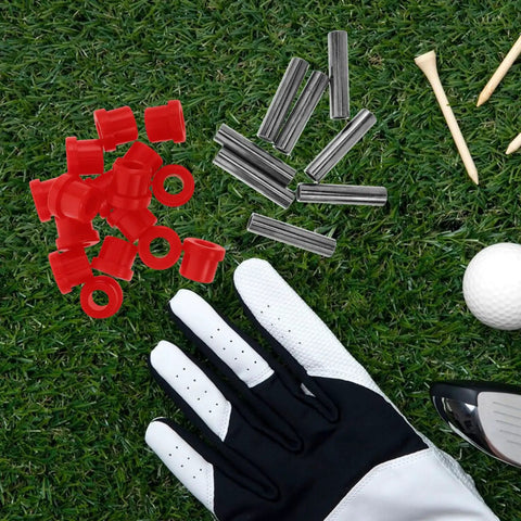 8 Pack Golf Cart Replacement Spring Bushings for Leaf Springs made from durable rubber and plastic on grass with golf glove