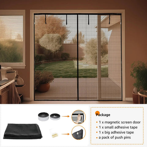 Garage Door Screen For 2 Car 16x7 Feet Retractable Magnetic Self Closing Mesh Net shown installed in patio setting with package contents