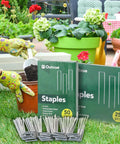 Gardening scene with Six Inch Landscape Staples Set Of Fifty Durable 11 Gauge Garden Stakes in packaging and loose, in front of potted plants.