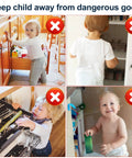 Four images showing children accessing cabinets and appliances without safety locks with captions about child safety for Hidden Cabinet Lock With NFC RFID Card And Bluetooth App For Kitchen Pantry Cupboard Doors No Drilling Required Easy Install Unlock With Card Smartphone NFC Apple Watch Or iOS Android App Kid Safe 1000 Plus Users.
