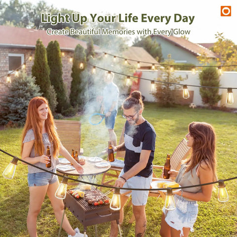 Group enjoying barbecue under 96 Ft Outdoor Solar String Lights With Remote And USB Port, Waterproof Patio Garden Lights