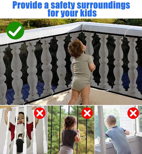 Stairway Net Baby Safety Rail Banister Guard 15 Ft By 2.6 Ft Indoor Outdoor Black All Weather Durable Mesh installed on balcony.