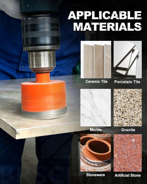 Drilling a High Octane Diamond Core Drill Bit Set 13 Piece Hole Saw Kit covering various materials like ceramic and granite.