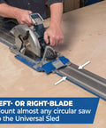Kreg KMA3700 Accu-Cut XL universal track saw guide system with blue aluminum rail and mounted circular saw