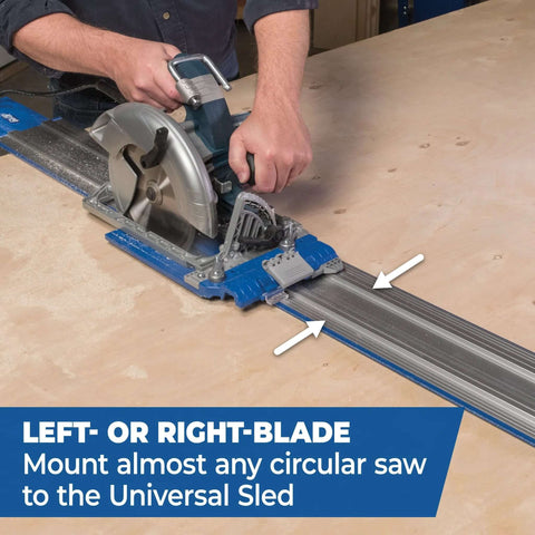 Kreg KMA3700 Accu-Cut XL universal track saw guide system with blue aluminum rail and mounted circular saw