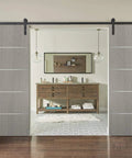 Premium Double Barn Door Sliding Hardware Set With Ridiculously Smooth Heavy Steel Track And Complete Floor Guide Kit For Chic Modern Spaces Today, gray pine doors in modern interior.