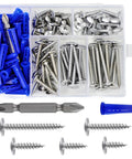 Knockout Value 95 Piece Assortment Kit Featuring Number 8 Phillips Truss Head Wood Screws And Stainless Steel 410 Self Tapping Metal Fasteners With Drywall Plastic Anchors For No Fuss Diy Home Upgrades in clear container.