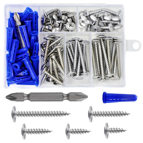 Knockout Value 95 Piece Assortment Kit Featuring Number 8 Phillips Truss Head Wood Screws And Stainless Steel 410 Self Tapping Metal Fasteners With Drywall Plastic Anchors For No Fuss Diy Home Upgrades in clear container.