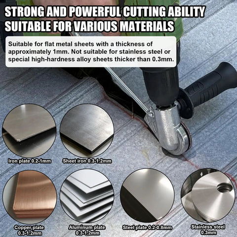 Professional Titanium Steel Drill Nibbler Sheet Metal Cutter Attachment in use, cutting flat metal sheets of various materials.